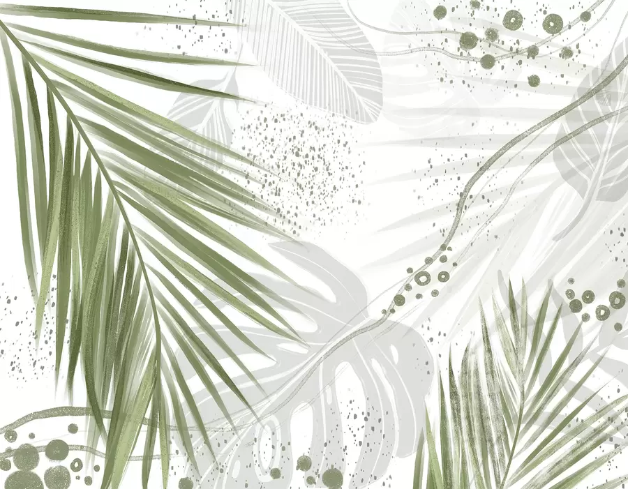 wall murals Тропско зелено палмино лишће и лишће, са апстрактним облицима и прскањем у нијансама зелене и беле w07918