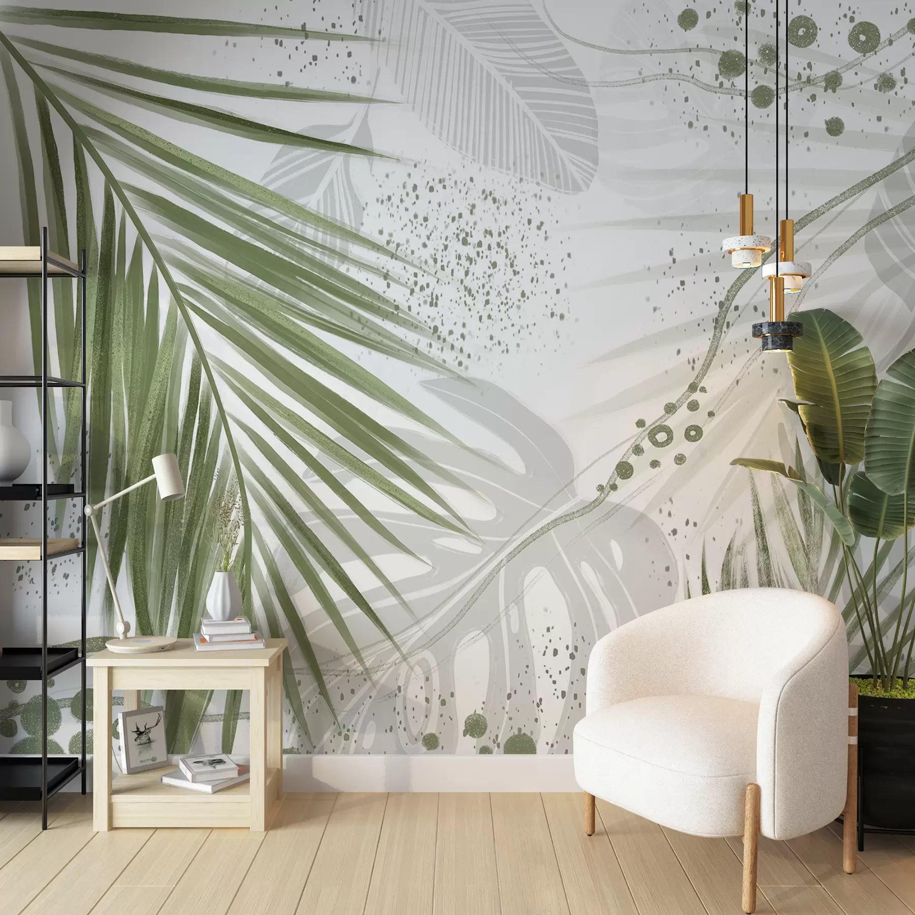 wall murals Тропско зелено палмино лишће и лишће, са апстрактним облицима и прскањем у нијансама зелене и беле w07918