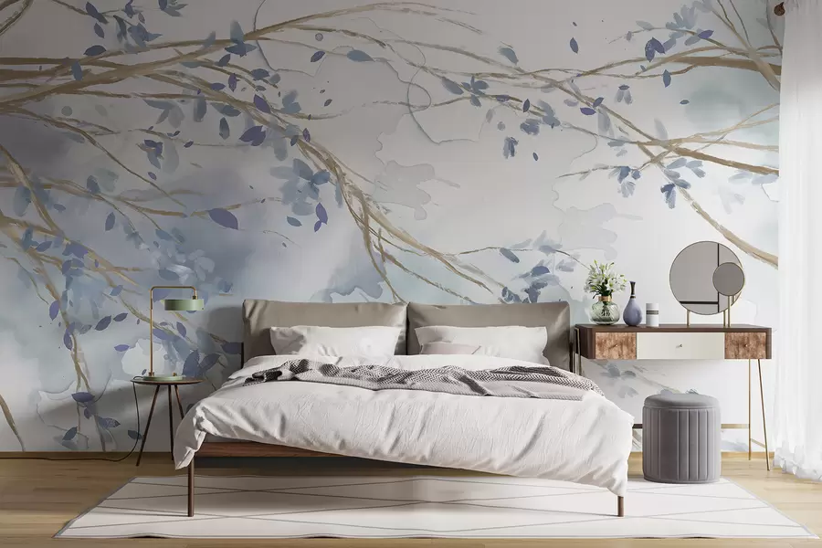 wall murals Деликатне плаве и беле цветне гране са меком, замућеном позадином акварела w07919