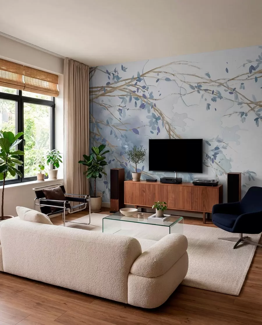 wall murals Деликатне плаве и беле цветне гране са меком, замућеном позадином акварела w07919