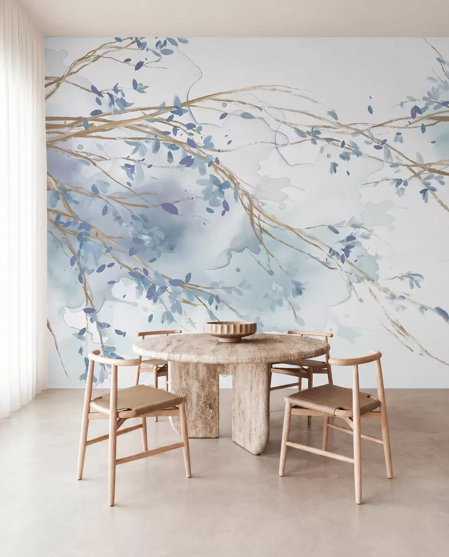 wall murals Деликатне плаве и беле цветне гране са меком, замућеном позадином акварела w07919