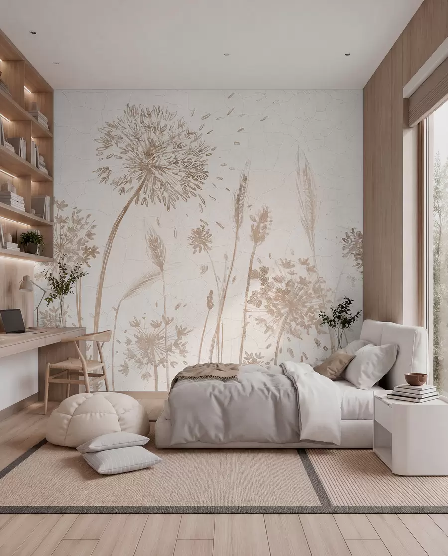 wall murals Поље маслачака и другог дивљег цвећа на мекој, магловитој позадини w07921