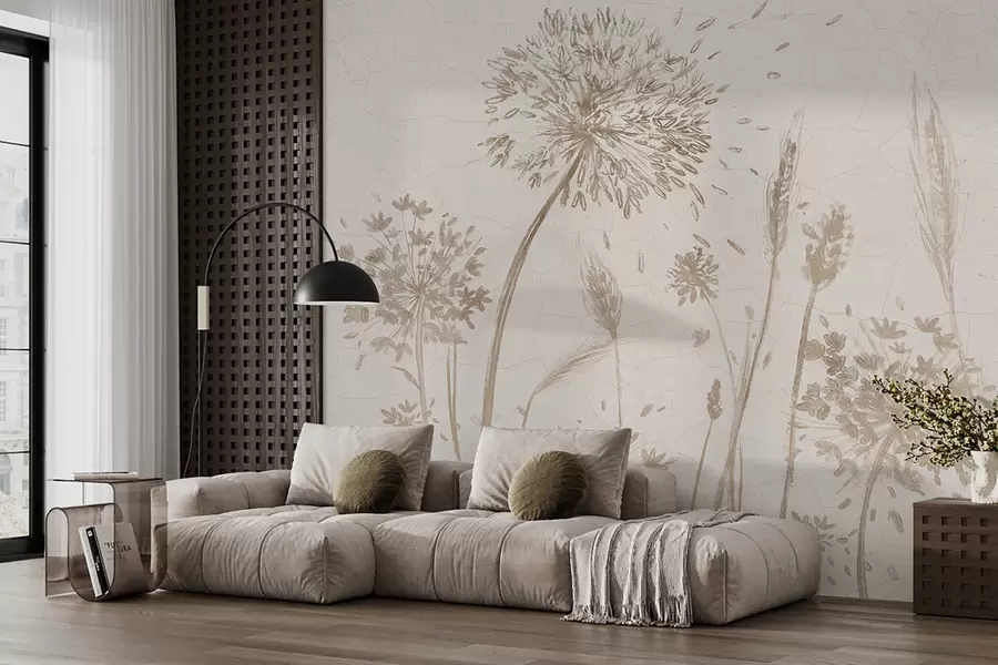wall murals Поље маслачака и другог дивљег цвећа на мекој, магловитој позадини w07921