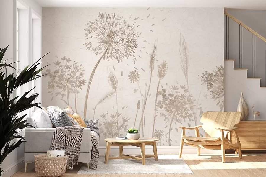 wall murals Поље маслачака и другог дивљег цвећа на мекој, магловитој позадини w07921