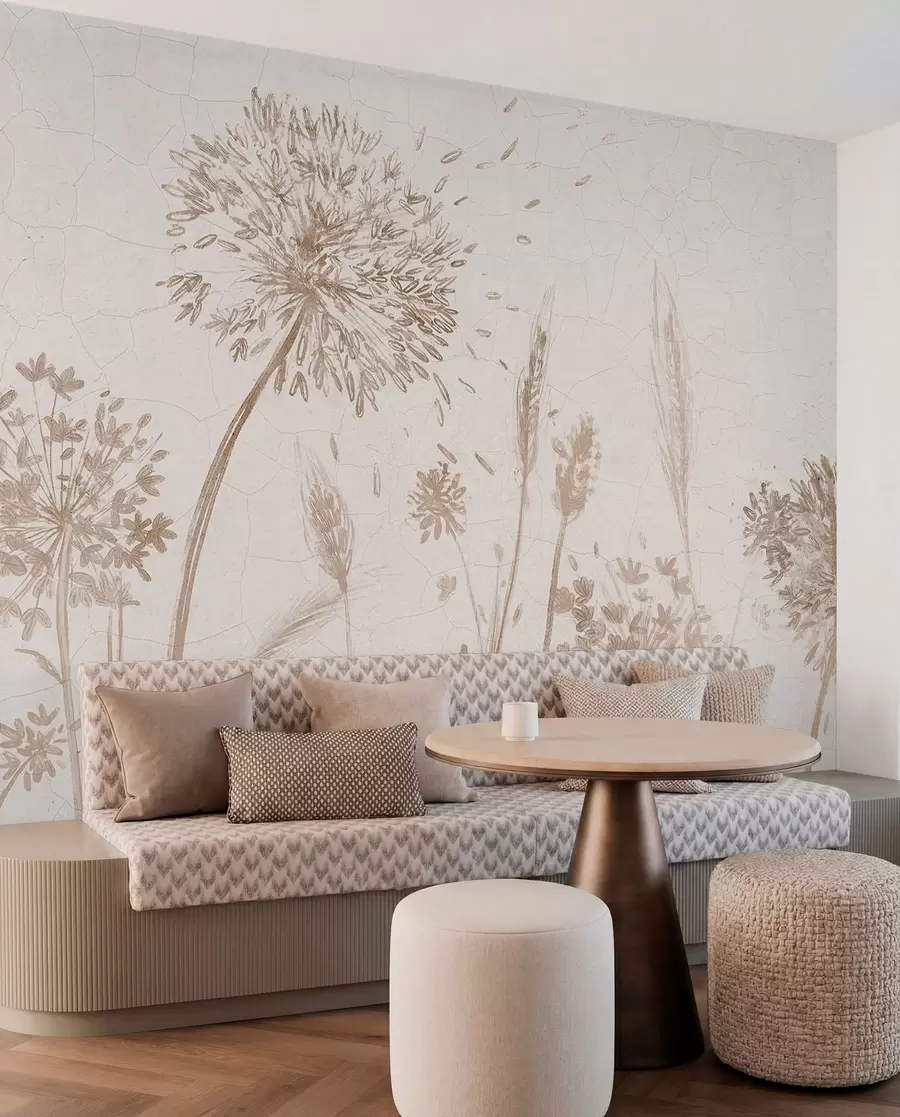 wall murals Поље маслачака и другог дивљег цвећа на мекој, магловитој позадини w07921