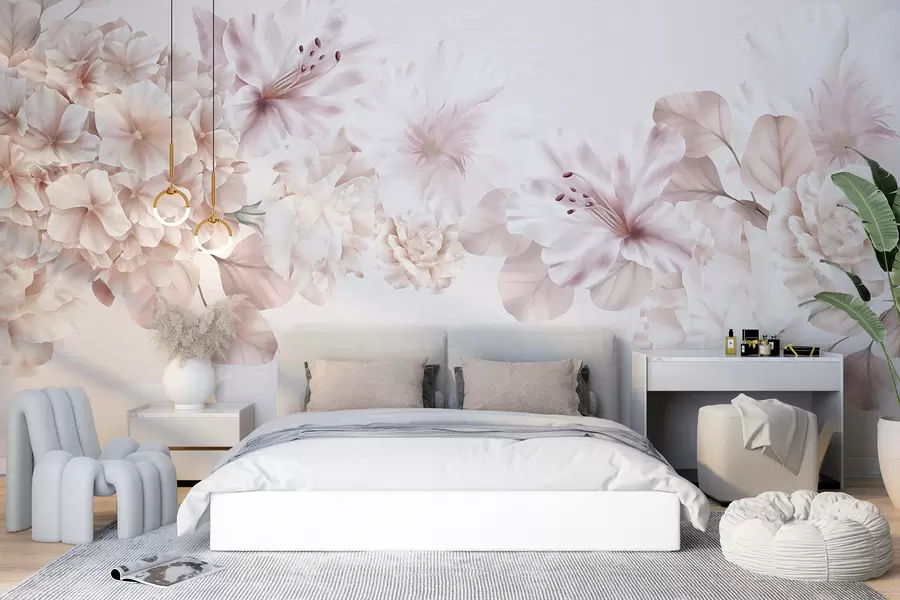 wall murals Нежни розе и бели цветни аранжман, са деликатним латицама и цветовима на светлој позадини w07923