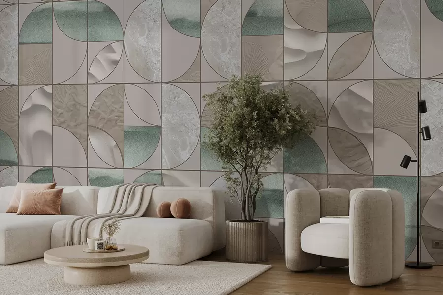 wall murals Геометријски узорак зелених, беж и белих текстура распоређених у апстрактном дизајну који се понавља w07928