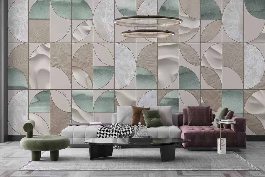 wall murals Геометријски узорак зелених, беж и белих текстура распоређених у апстрактном дизајну који се понавља w07928