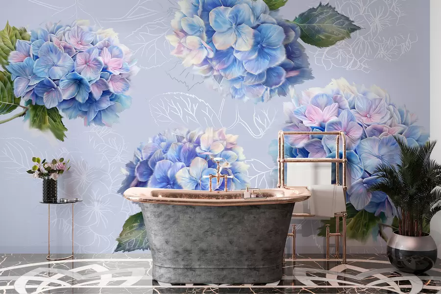 wall murals Хортензије, акрилни цртеж, цртане, ботаничке, љубичасте боје w07942v5