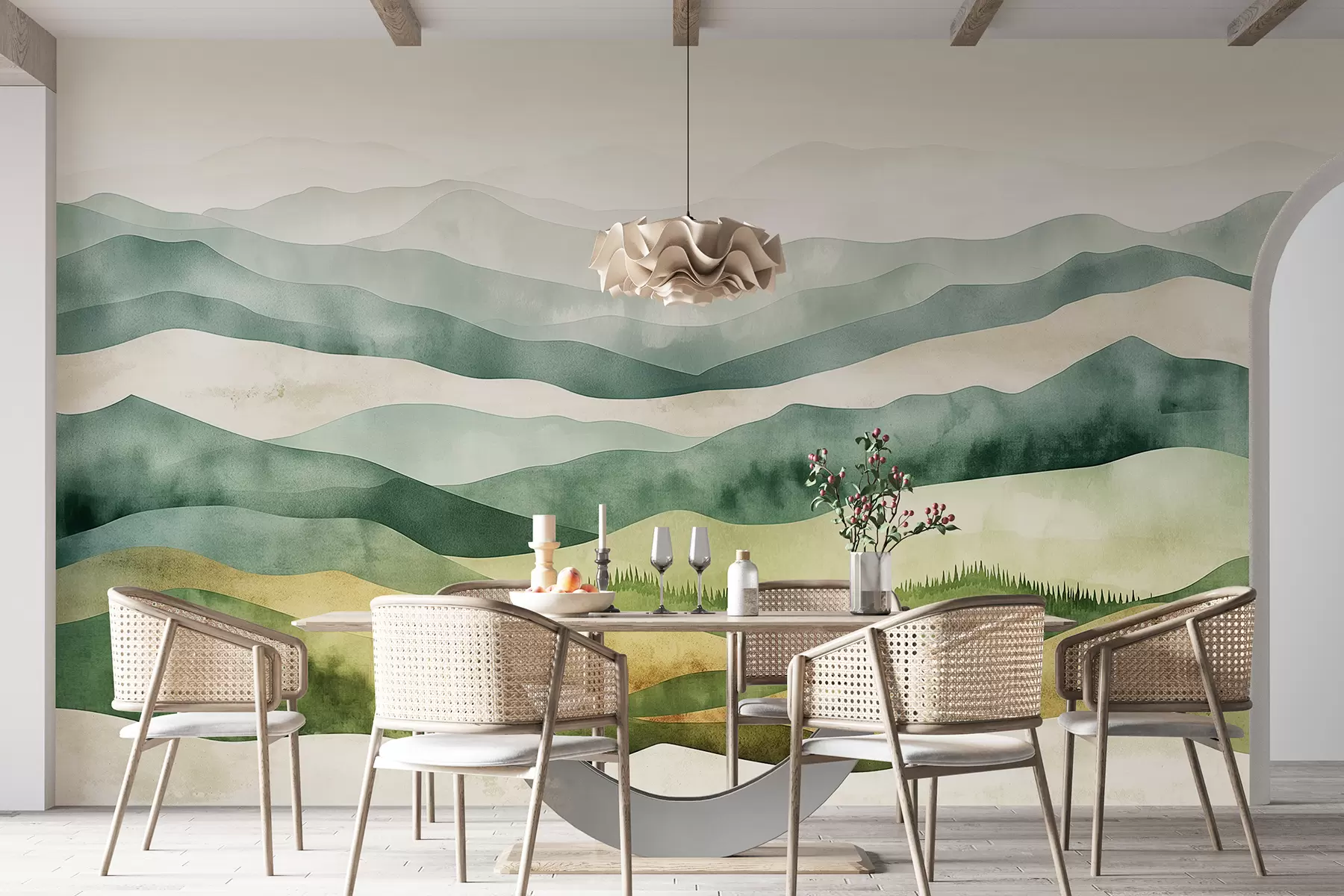 wall murals Акварел планински пејзажи, шума, природне зелене и беж боје w07950