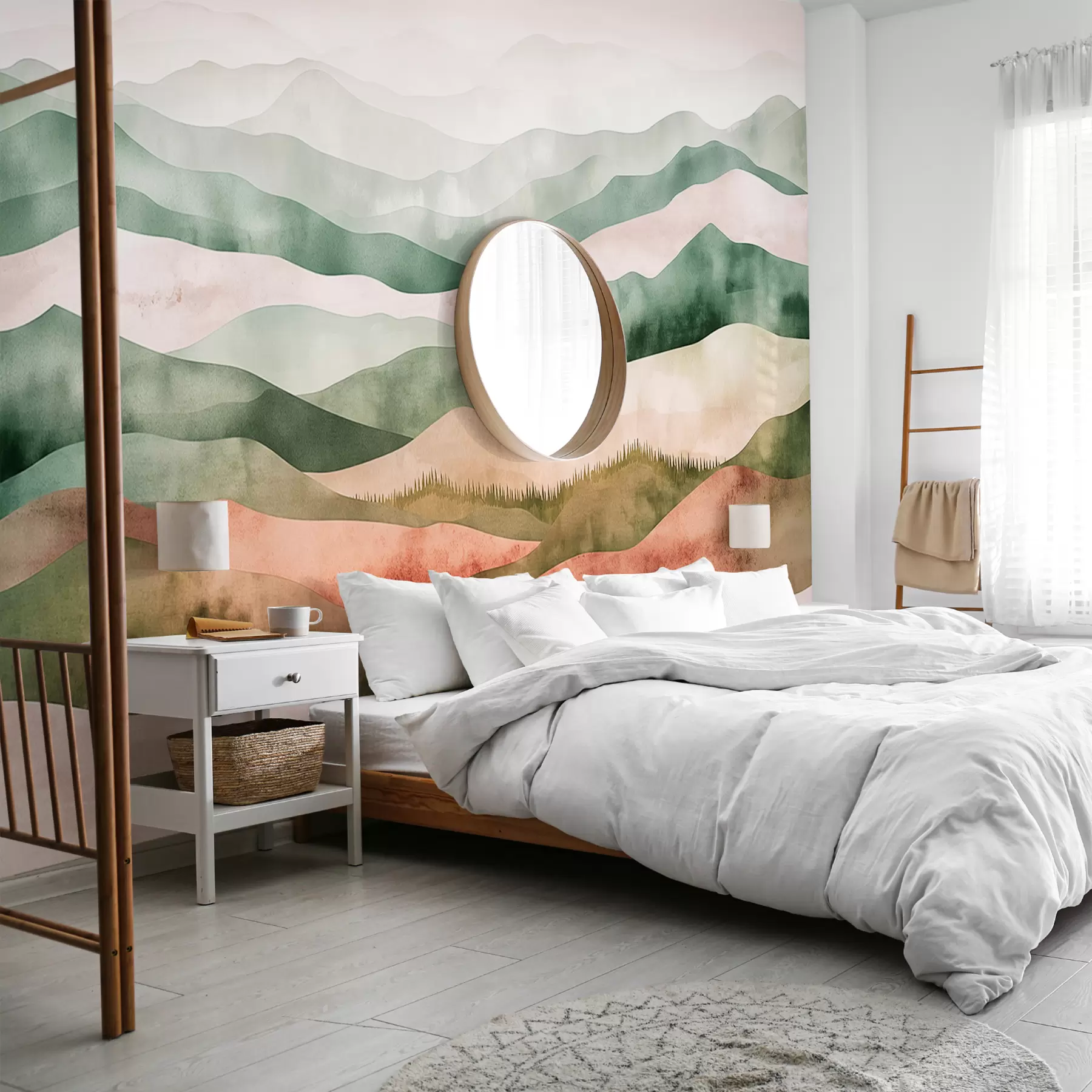 wall murals Акварел планине пејзажи, шума, природа, зелене и беж боје w07950v1