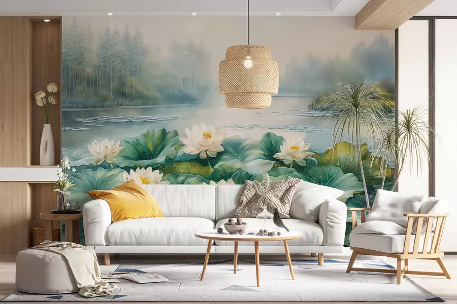 wall murals Локвањи, шумско језеро, акрилни цртеж, природа, зелене и беле боје w07957