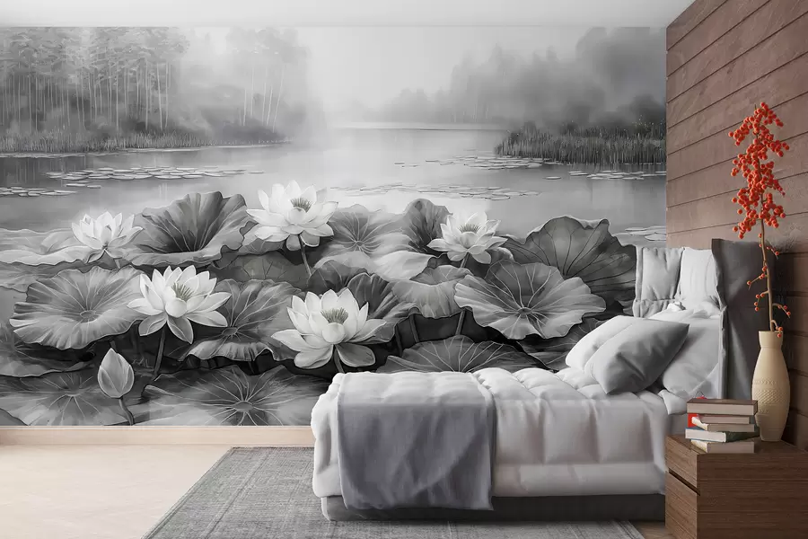 wall murals Локвањи, шумско језеро, акрилни цртеж, природа, сиве боје w07957v1