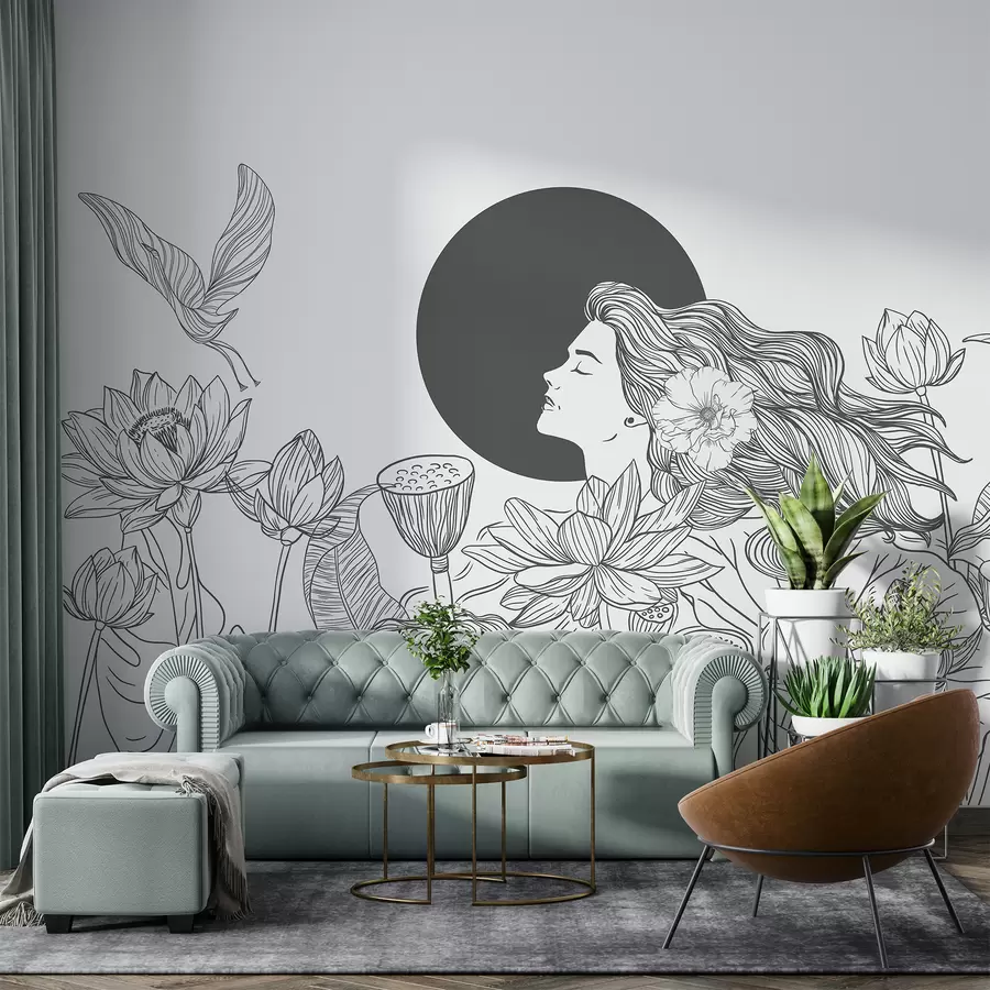 wall murals Жена у природи, цртање линија, цветови лотоса, велико лишће, летеће птице, сива боја w07988v2