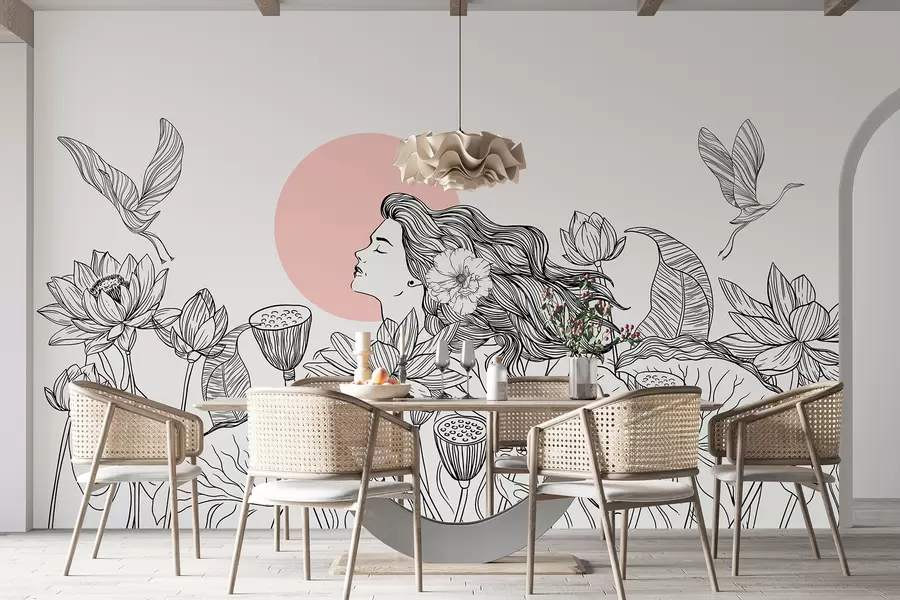wall murals Жена у природи, цртање линија, цветови лотоса, велико лишће, летеће птице, црна и розе боја w07988v5