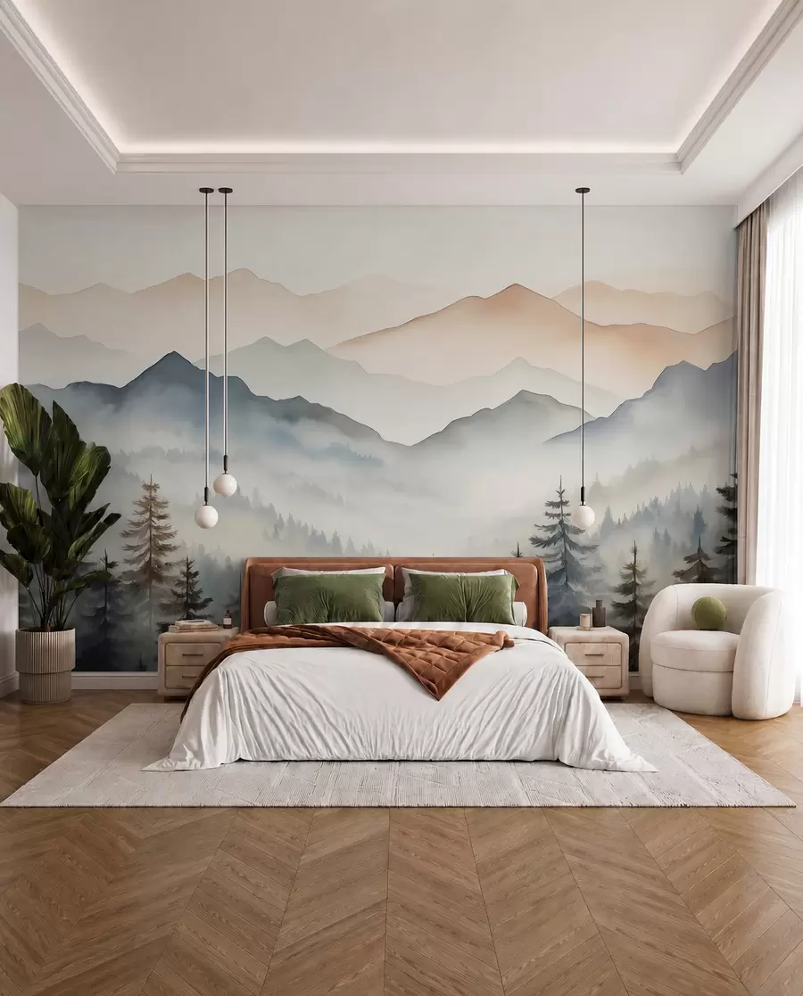 wall murals Планински венци насупрот шумском акварелу w08024