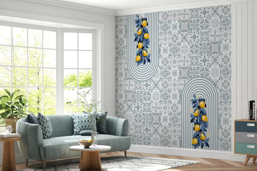 wall murals сицилијански узорак, плави принт са лимунима. италијанска плава шара керамичких плочица. Медитеранска порцеланска керамика. Етнички народни украси w08034