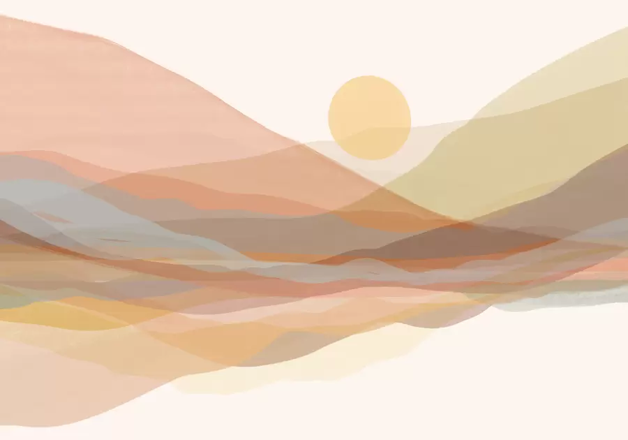 wall murals Планински пејзаж са топлим сунцем на небу, валовитим брдима у нијансама наранџасте, жуте и браон w07976