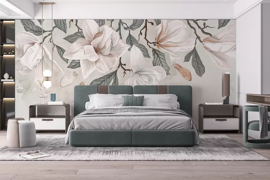 wall murals Нежно розе и бело цвеће магнолије са зеленим листовима на светлој позадини, мека, цветна композиција w07977