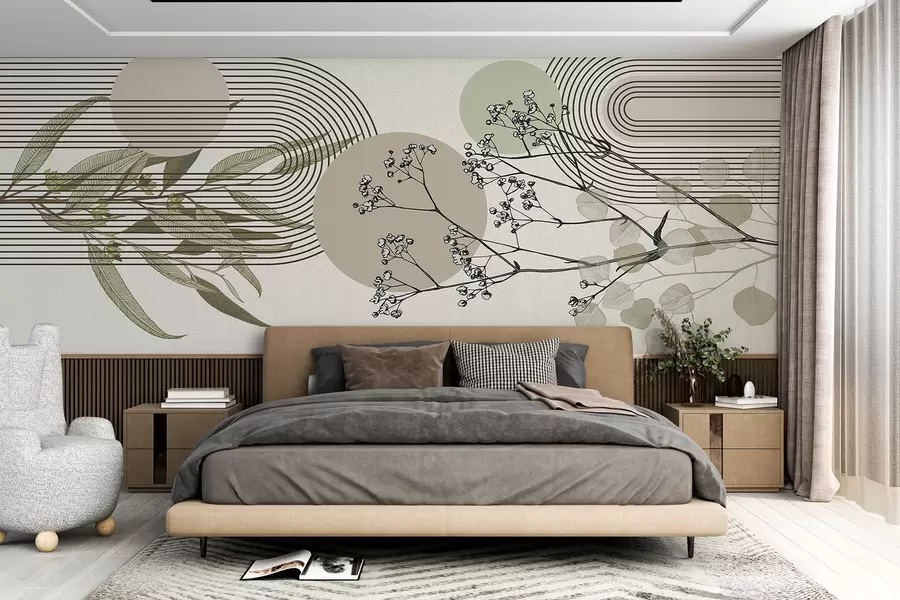 wall murals Минималистичка апстракција са органским облицима, стилизованим гранама дрвећа или биљкама са деликатним цветним детаљима w07979