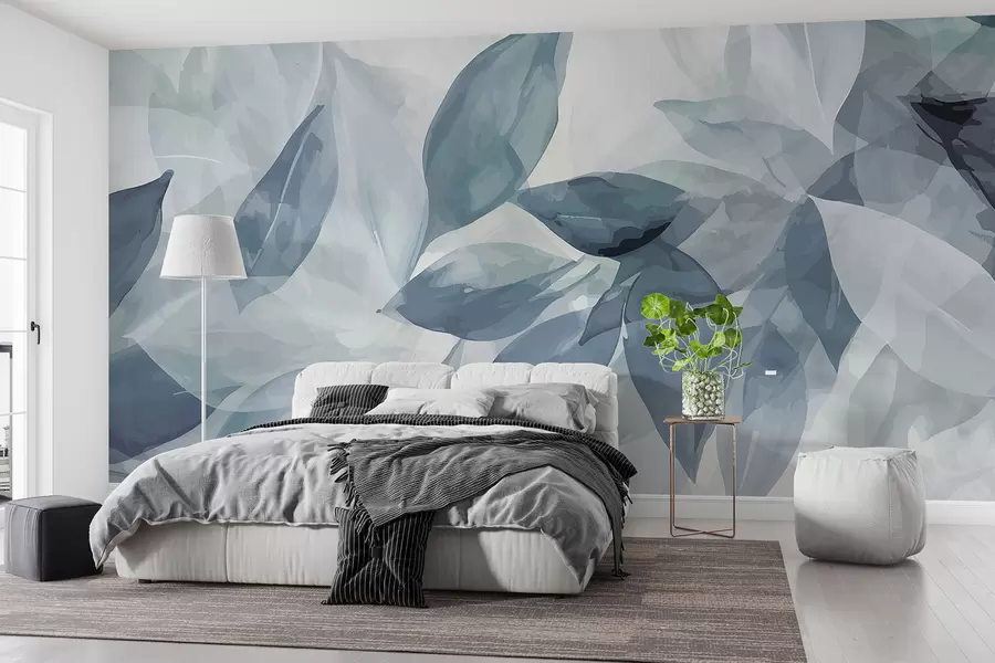 wall murals Меки сиви и бели листови акварела са замућеном, етеричном позадином w07981
