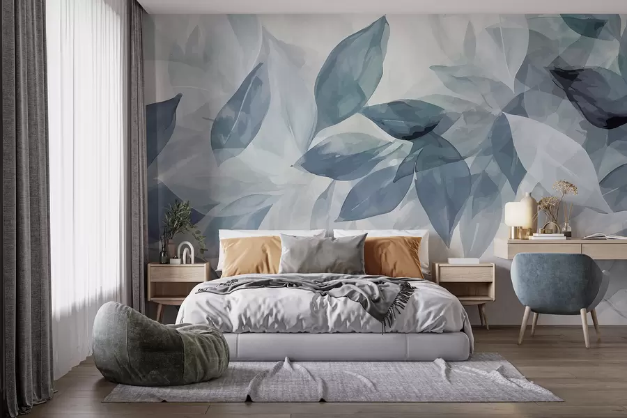 wall murals Меки сиви и бели листови акварела са замућеном, етеричном позадином w07981