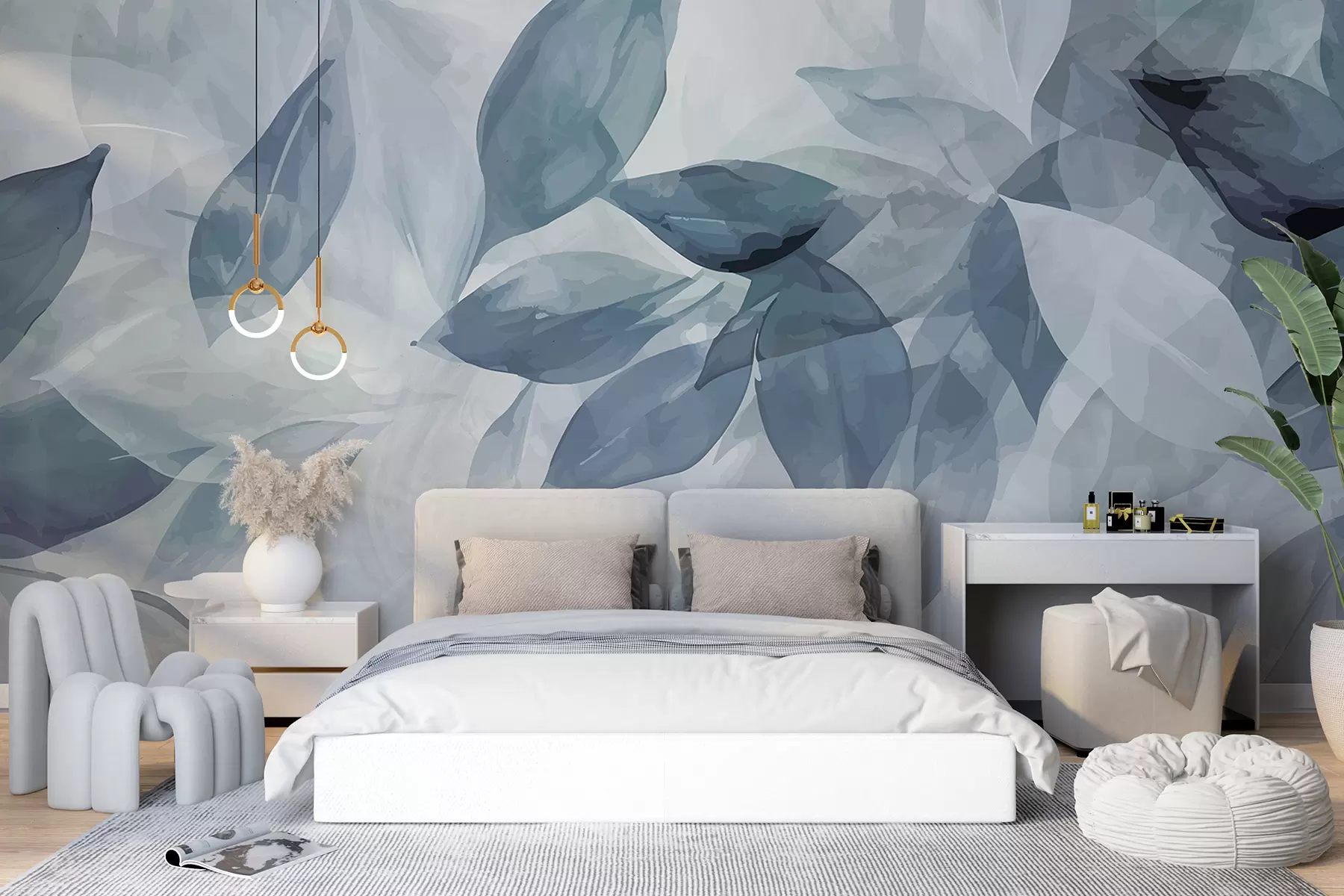wall murals Меки сиви и бели листови акварела са замућеном, етеричном позадином w07981