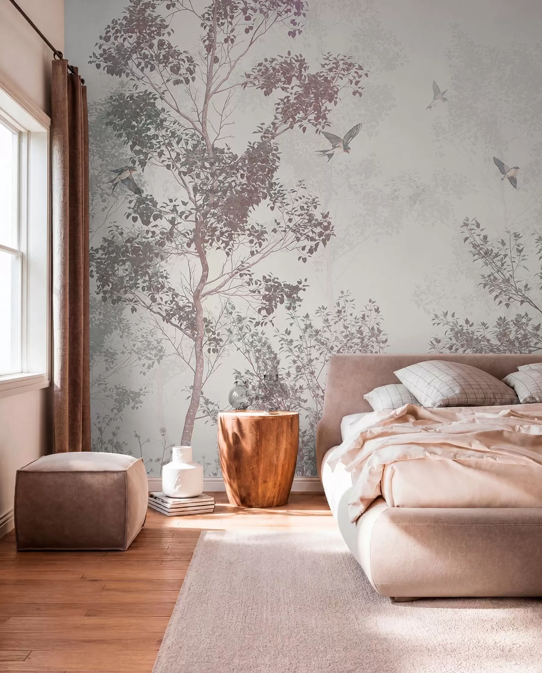 wall murals Дрвеће са смеђим и сивим лишћем и гранама са птицама које лете на небу, бела позадина w07982