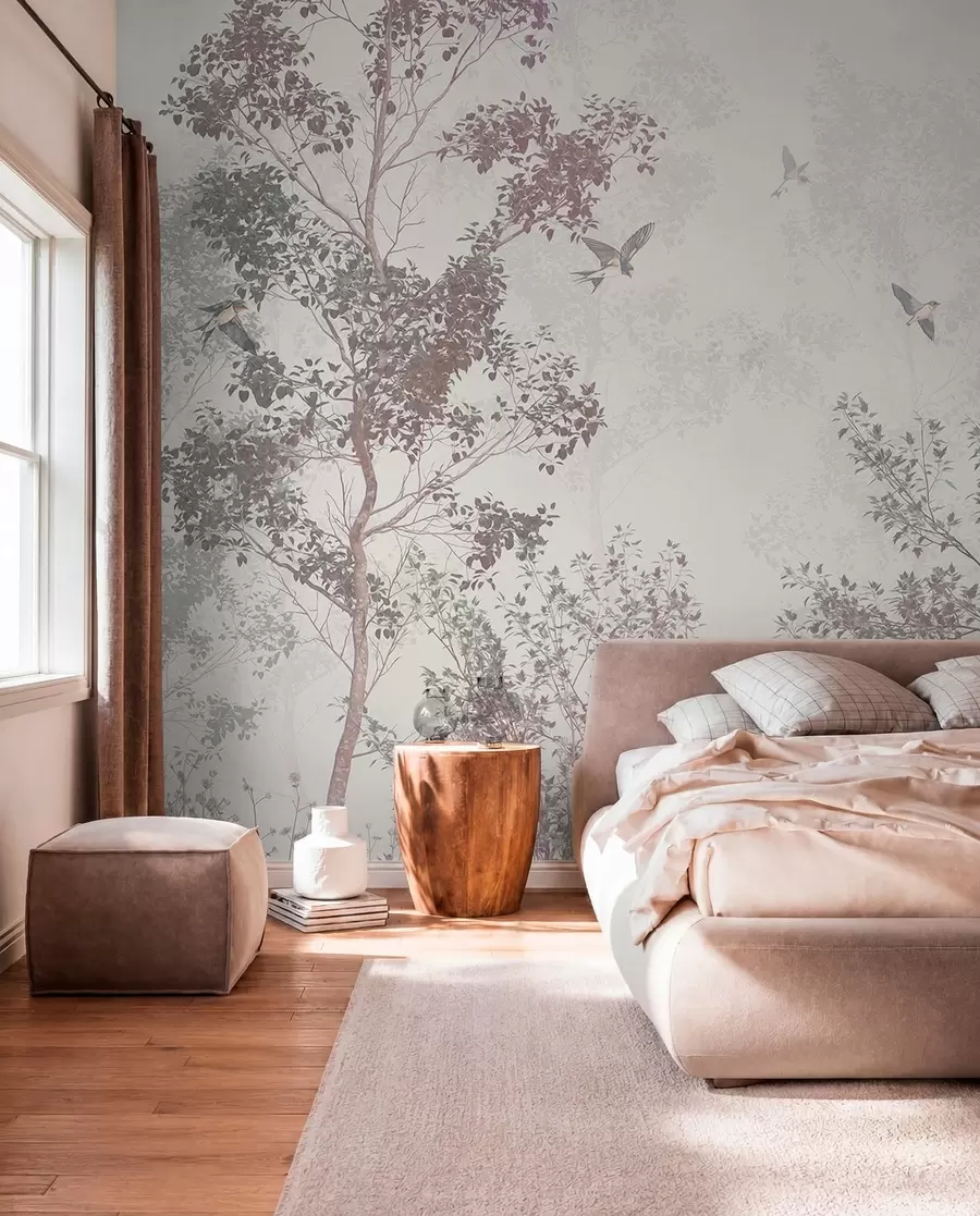 wall murals Дрвеће са смеђим и сивим лишћем и гранама са птицама које лете на небу, бела позадина w07982