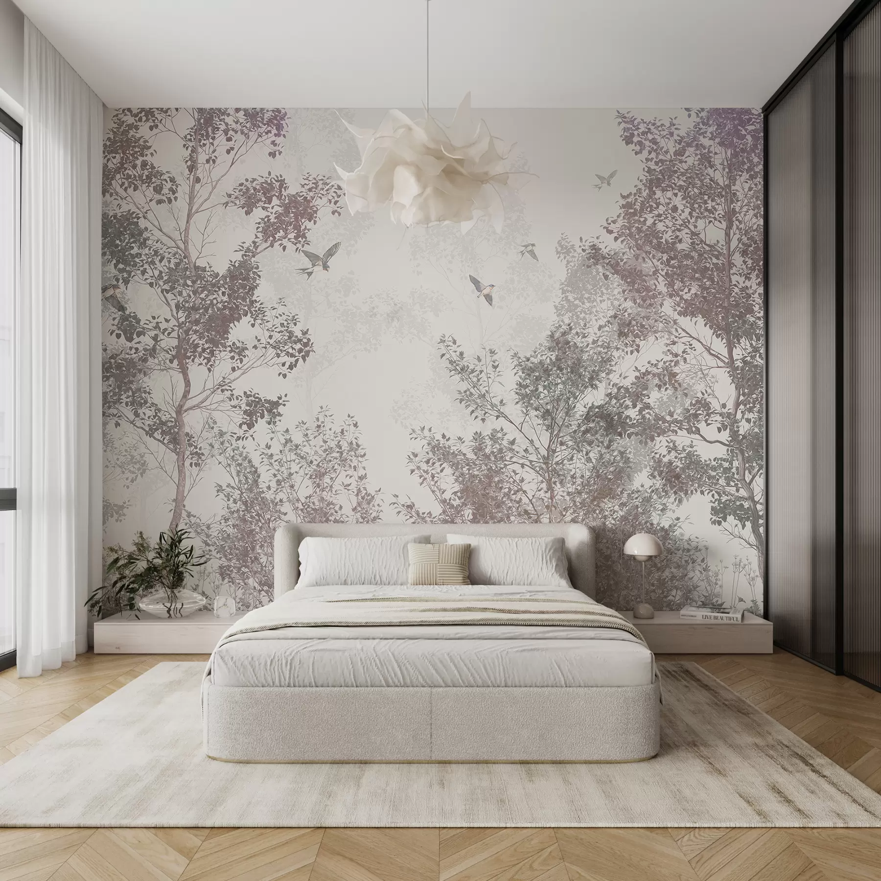 wall murals Дрвеће са смеђим и сивим лишћем и гранама са птицама које лете на небу, бела позадина w07982