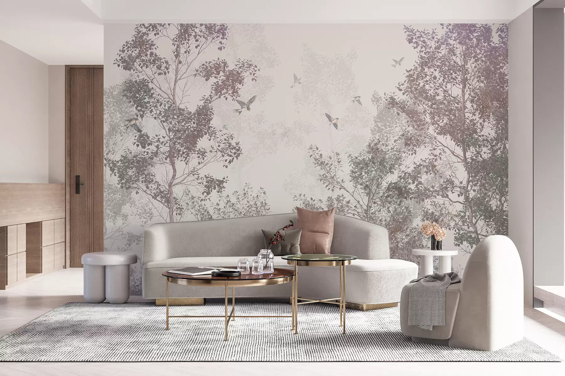 wall murals Дрвеће са смеђим и сивим лишћем и гранама са птицама које лете на небу, бела позадина w07982