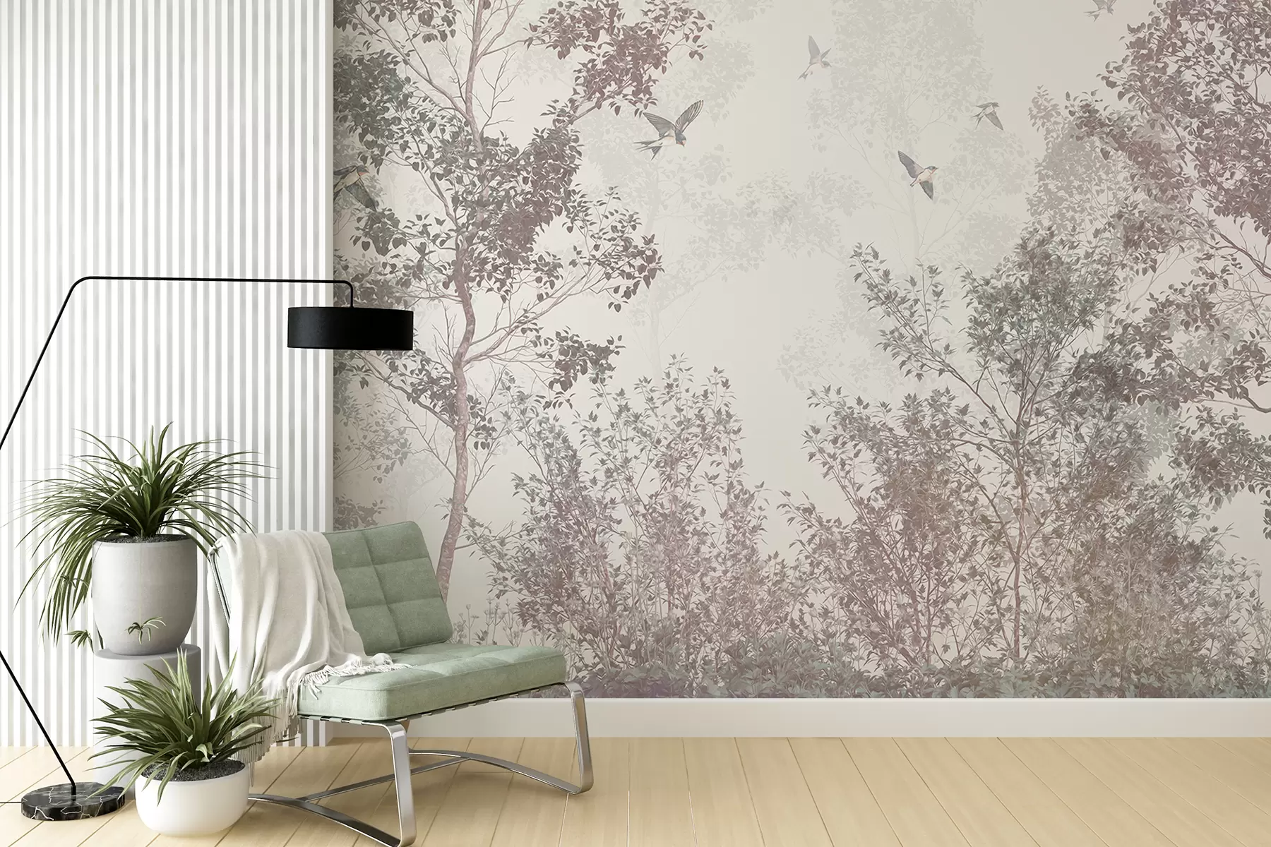 wall murals Дрвеће са смеђим и сивим лишћем и гранама са птицама које лете на небу, бела позадина w07982