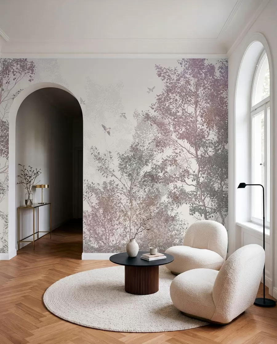 wall murals Дрвеће са смеђим и сивим лишћем и гранама са птицама које лете на небу, бела позадина w07982