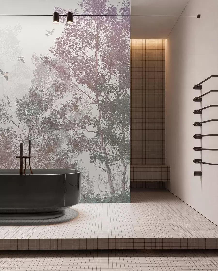 wall murals Дрвеће са смеђим и сивим лишћем и гранама са птицама које лете на небу, бела позадина w07982