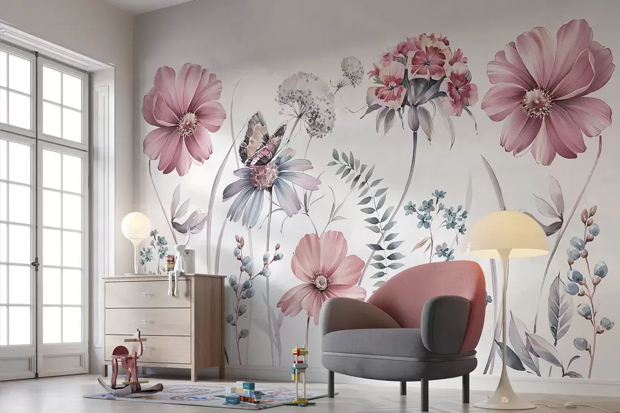 wall murals Велико нежно цвеће и биљке са лептиром w07905