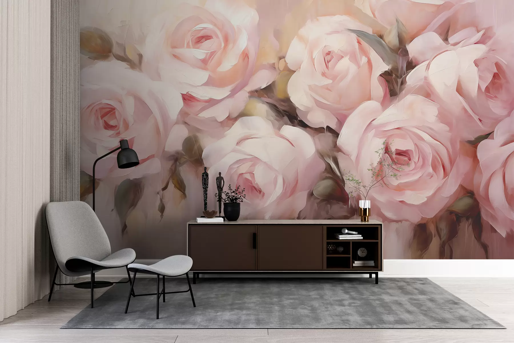 wall murals Ружичасте руже на ружичастој позадини уљане слике w08119