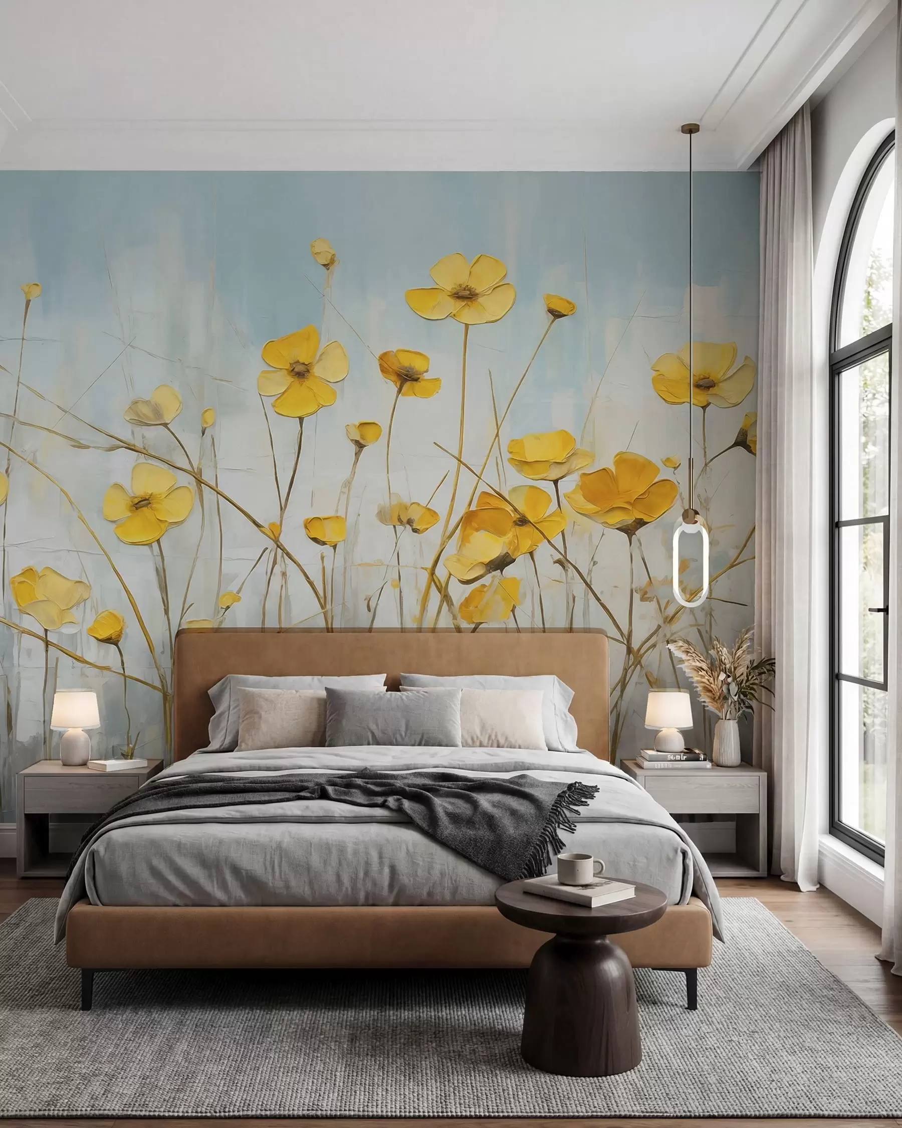 wall murals Мали жути цветови на плавом уљу w08129