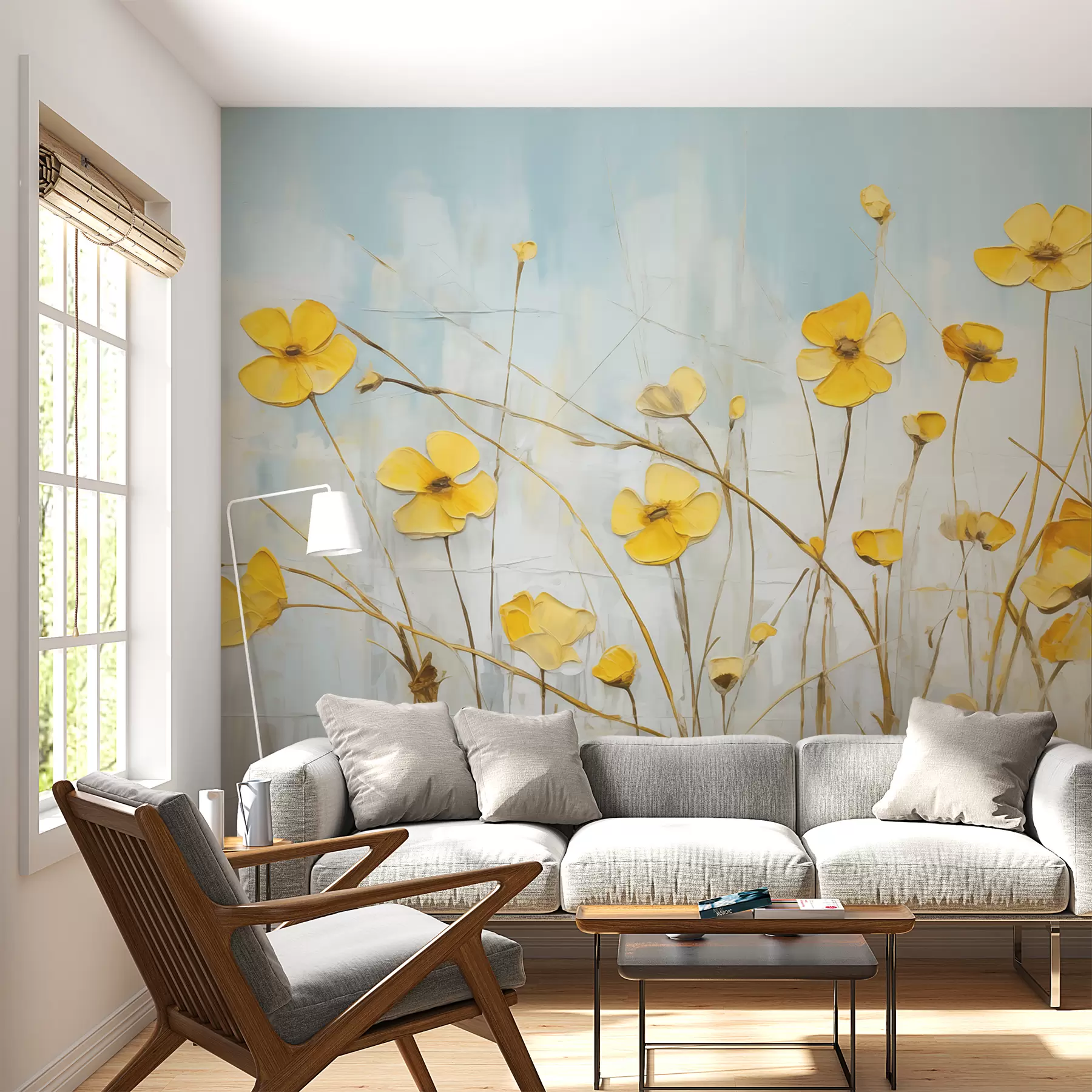 wall murals Мали жути цветови на плавом уљу w08129