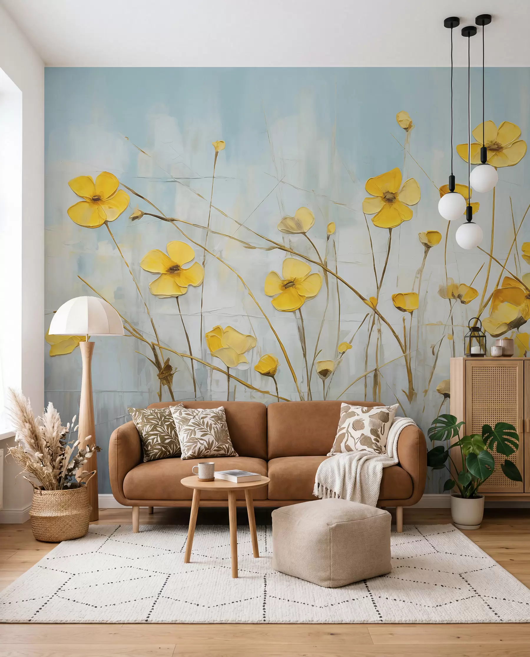wall murals Мали жути цветови на плавом уљу w08129