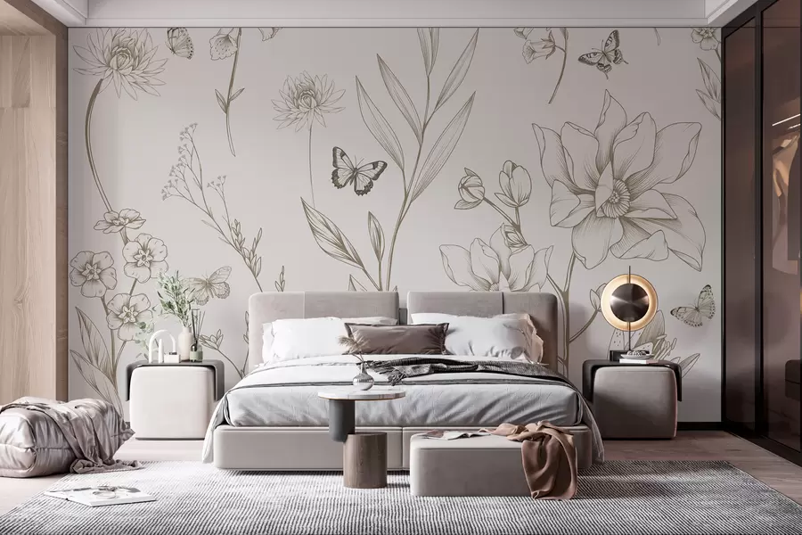 wall murals Бохо монохромно цвеће и лептири у беж боји w08088v1