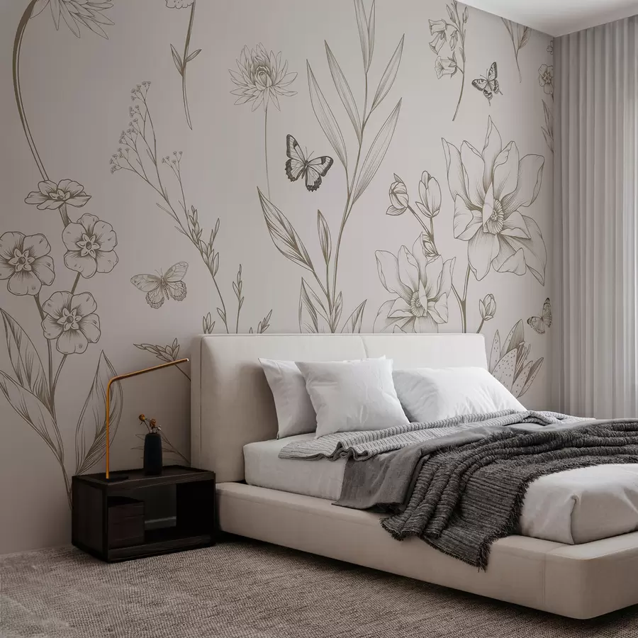 wall murals Бохо монохромно цвеће и лептири у беж боји w08088v1