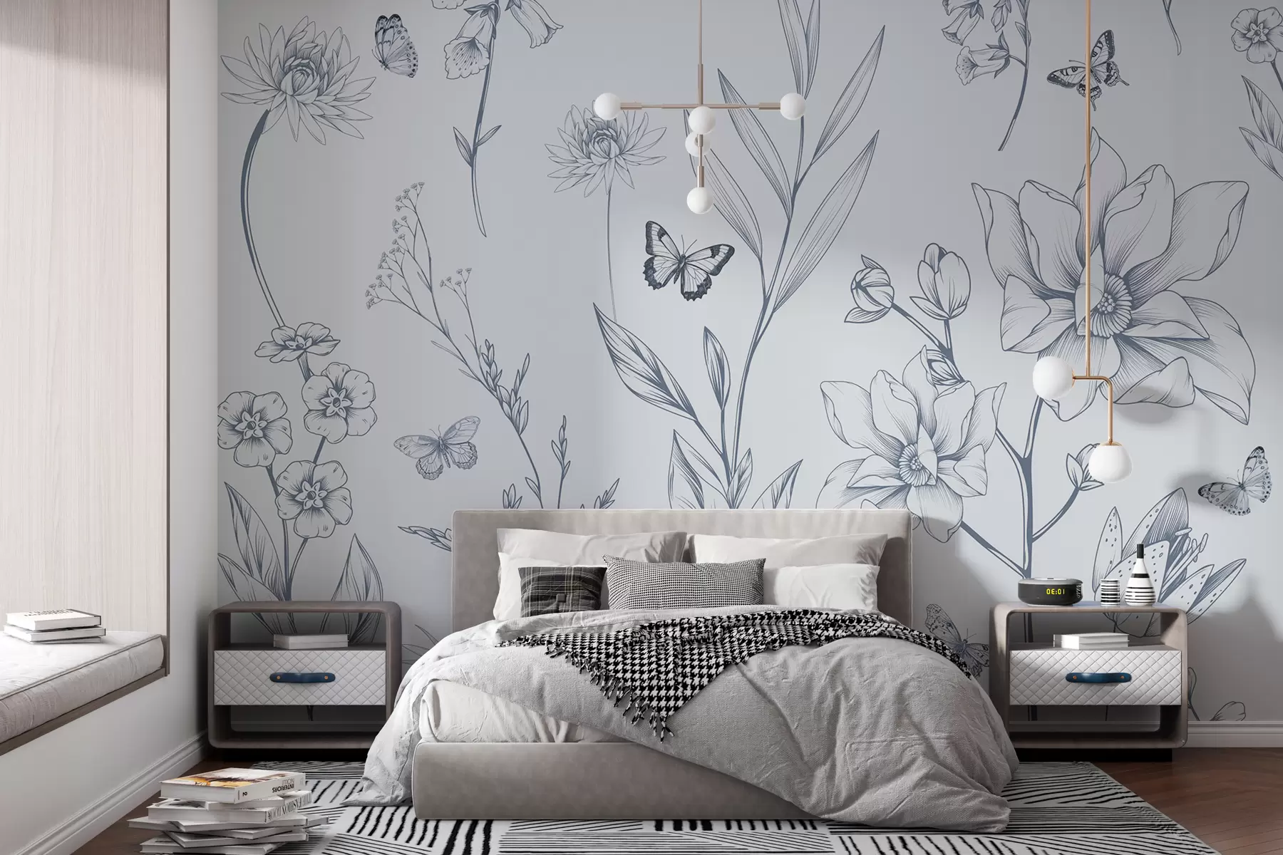 wall murals Бохо монохромно цвеће и лептири у плавој боји w08088v2