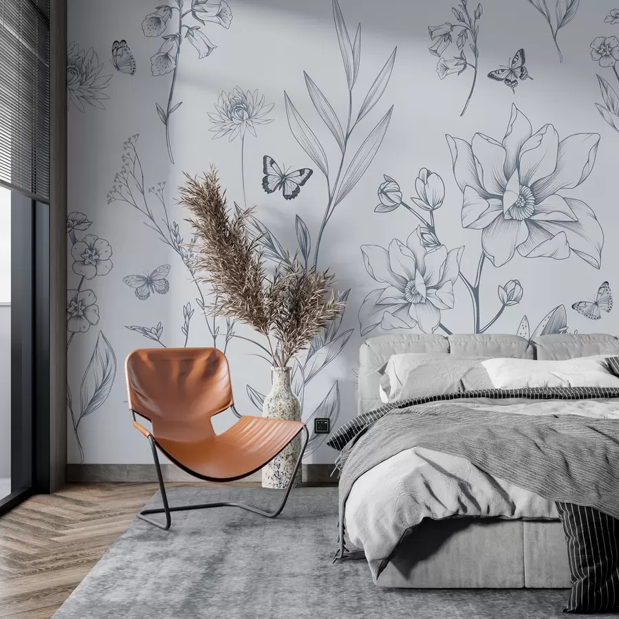 wall murals Бохо монохромно цвеће и лептири у плавој боји w08088v2