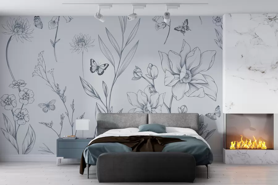 wall murals Бохо монохромно цвеће и лептири у плавој боји w08088v2