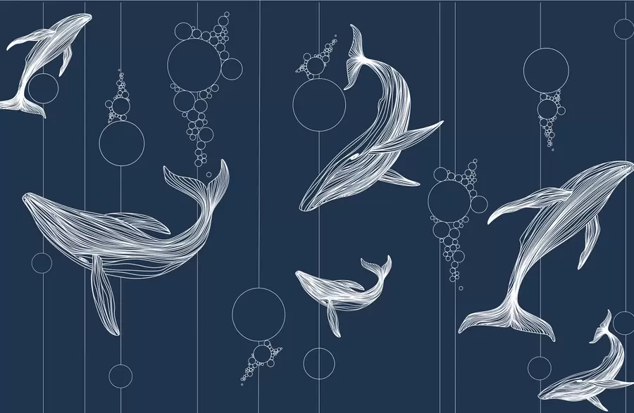 wall murals Китови и апстракција на плавој позадини w08074v1