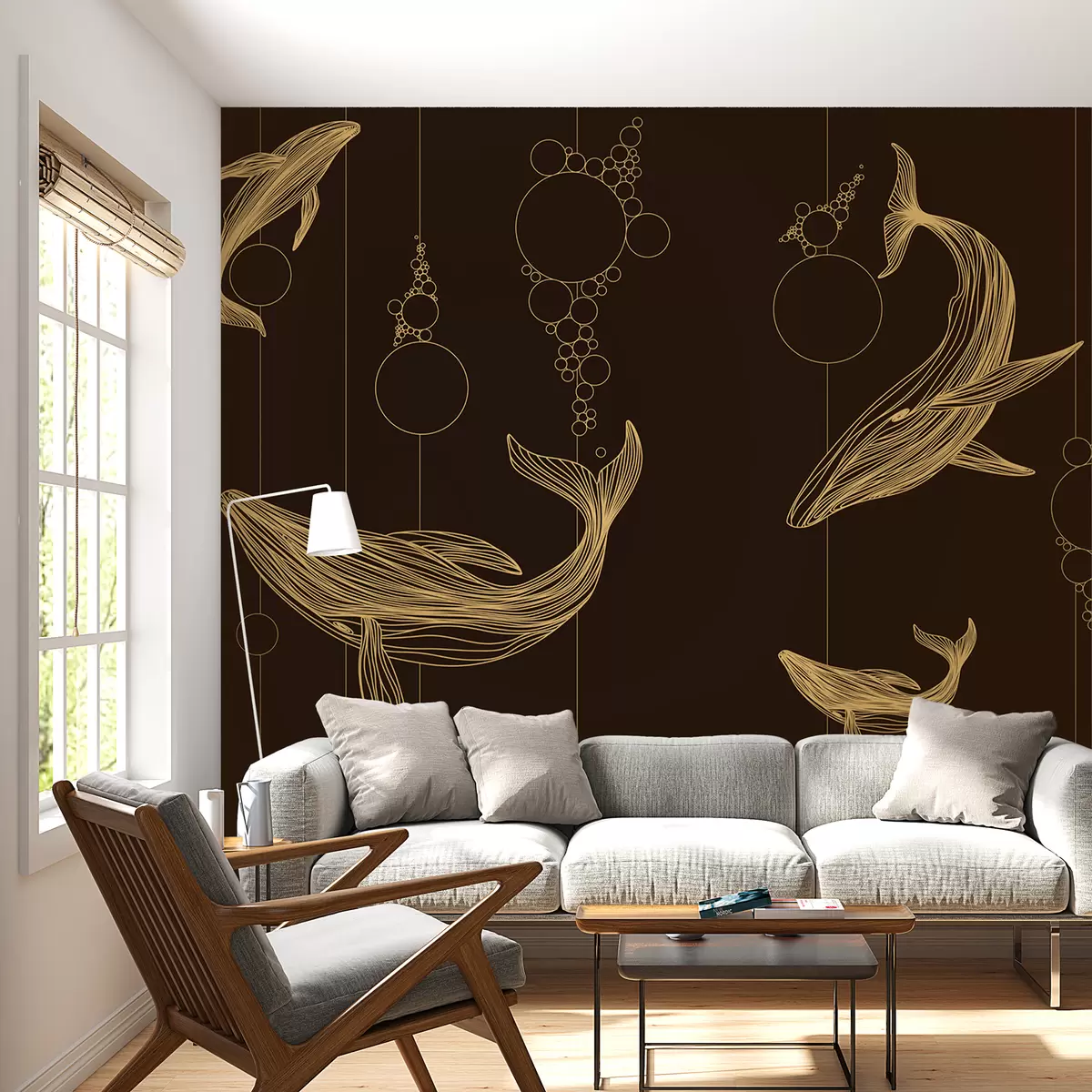 wall murals Китови и апстракција на смеђој позадини w08074v2