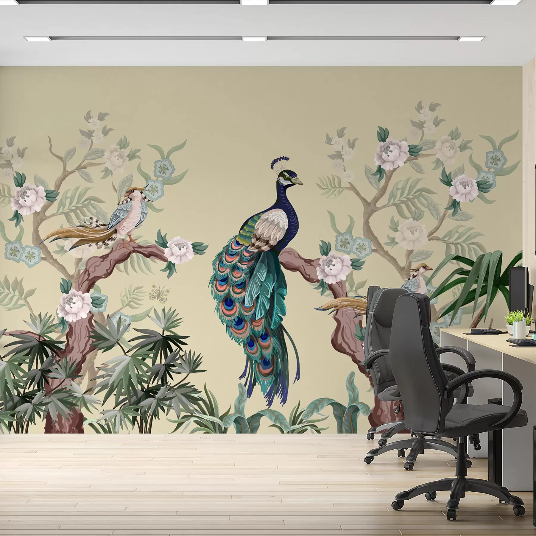 wall murals паун на дрвету, беж позадина w08168