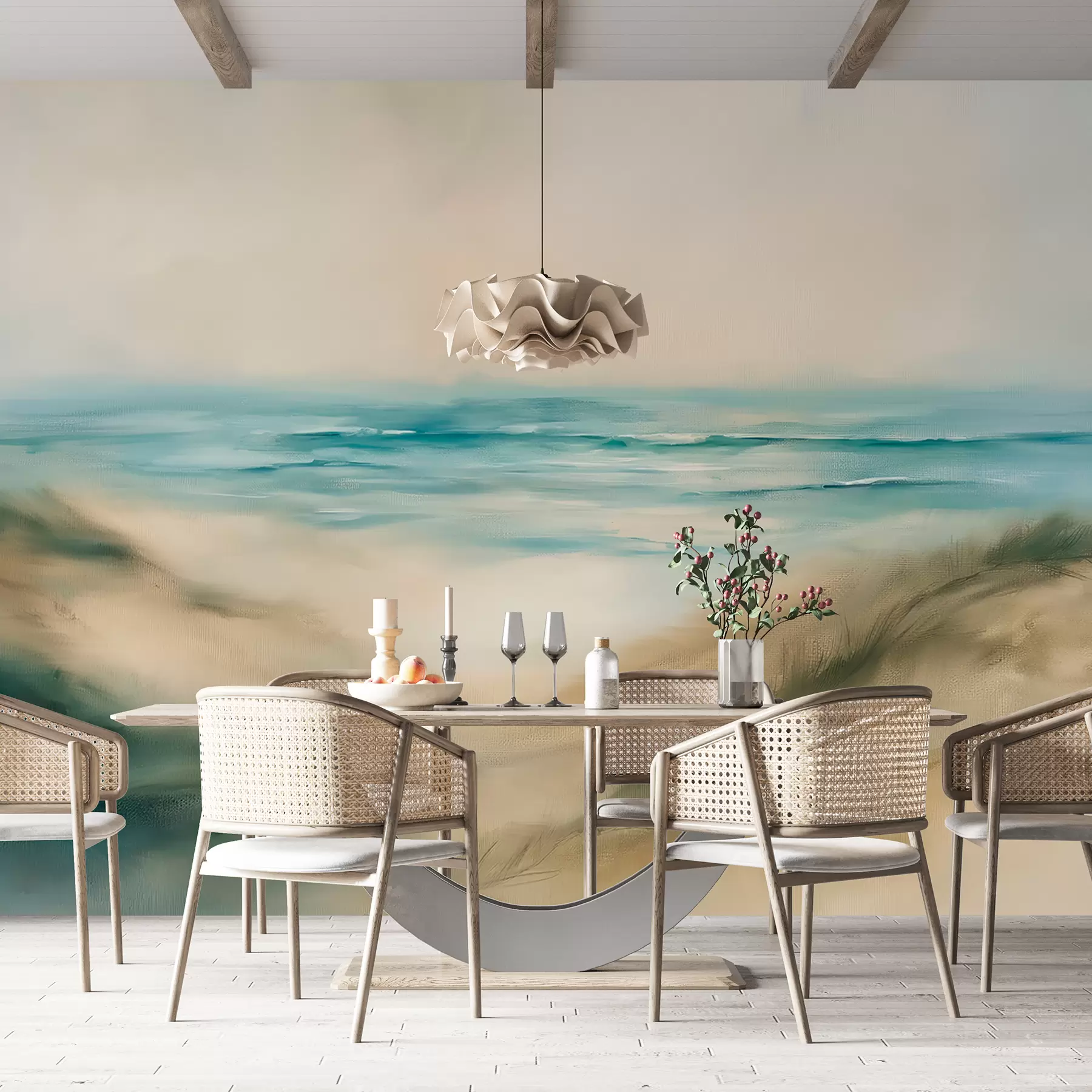 wall murals Апстрактни пејзаж у пастелним бојама, плажа, море, аквамарин и беж палета боја, потези четкицом w08141v1