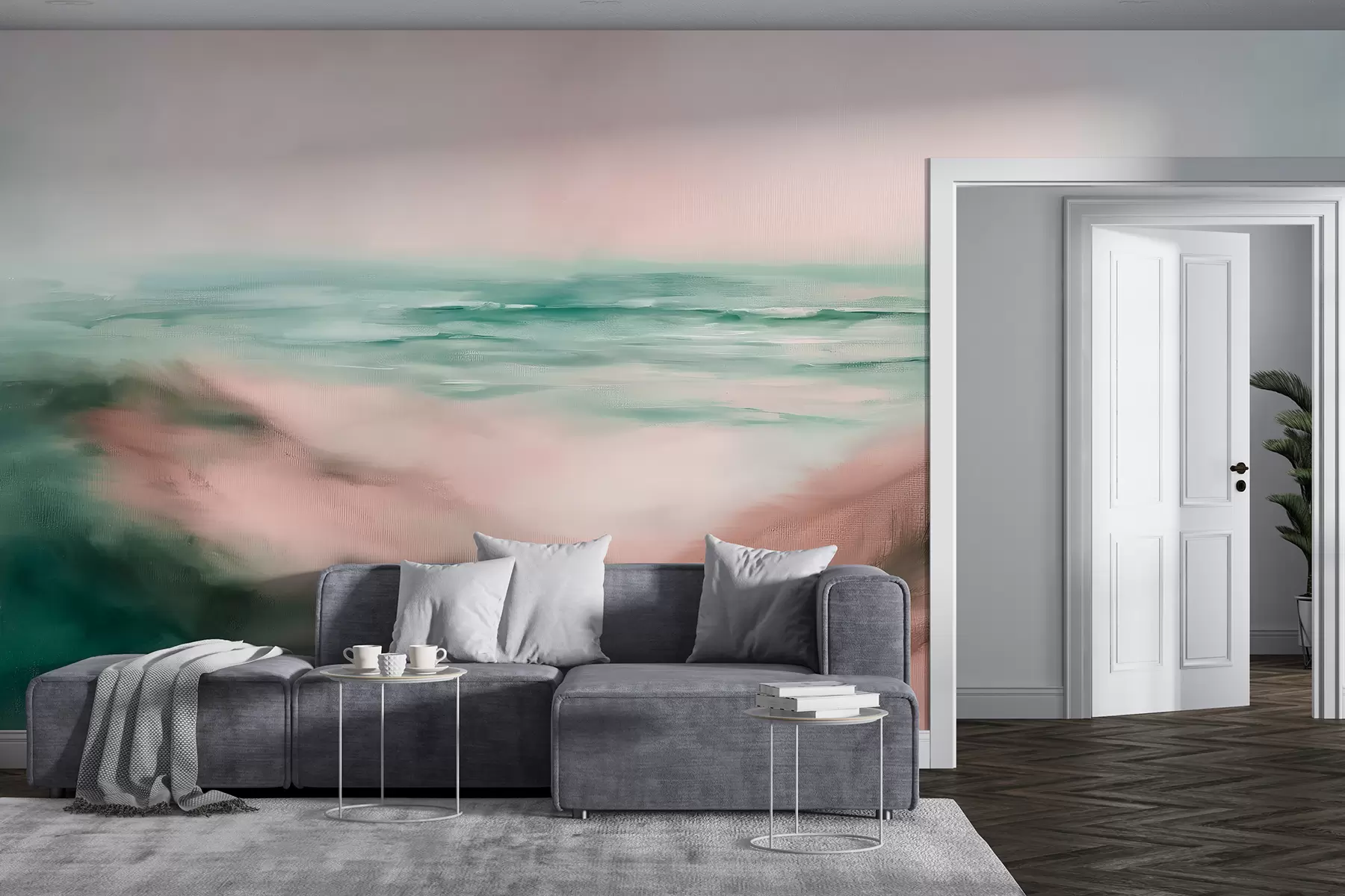 wall murals Апстрактни пејзаж у пастелним бојама, плажа, море, аквамарин и ружичаста палета боја, потези четкицом w08141v2