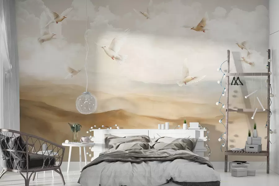 wall murals Птице које лете на небу са облацима, пејзаж природе, акрилни цртеж, пастелне беж боје w08143